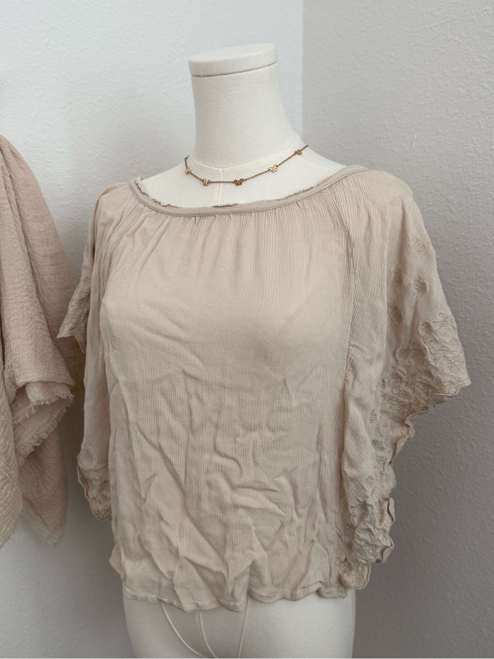 Altar'd State Beige Crochet Flutter Sleeve Blouse